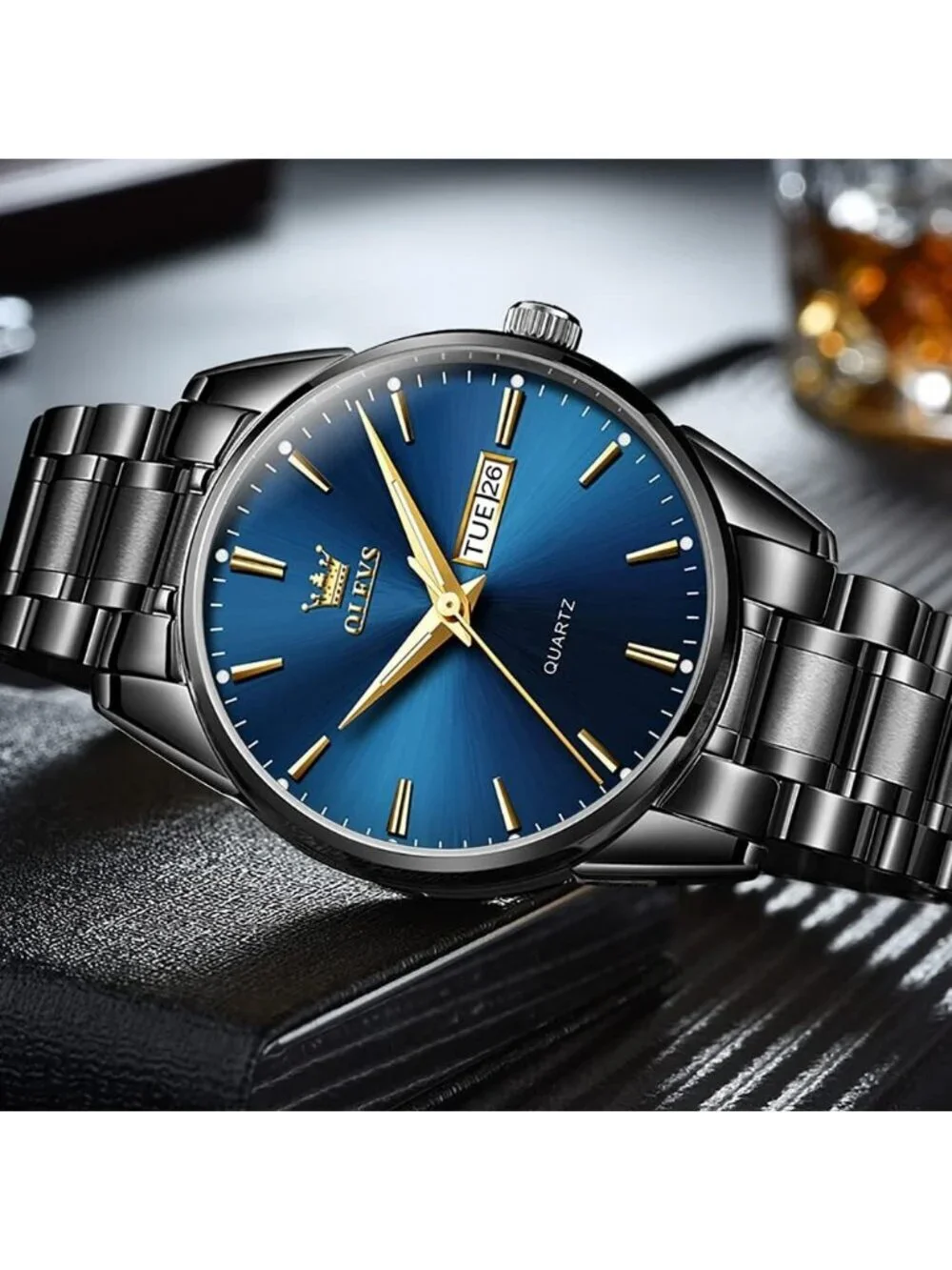 Men's Black Blue Analog Quartz Stainless Steel Luxury Luminous Waterproof Watch